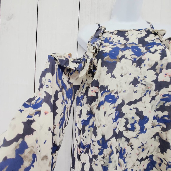 Sim & Sam Floral Ruffle Trimmed Cold Shoulder Long Sleeve Crepe Top EUX Small - Picture 6 of 9